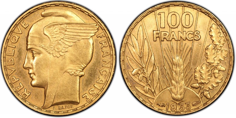 FRANCE
III° République (1870-1940). 100 francs or Bazor 1933.
Av. Tête de Mari...