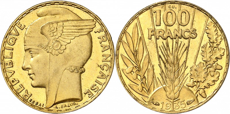 FRANCE
III° République (1870-1940). 100 francs Bazor 1935, essai en cuivre doré...