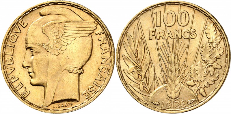 FRANCE
III° République (1870-1940). 100 francs or Bazor 1936.
Av. Tête de Mari...