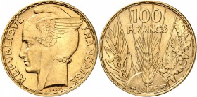 FRANCE
III° République (1870-1940). 100 francs or Bazor 1936.
Av. Tête de Marianne avec casque ailé à gauche. Rv. Epi de blé sous la valeur. 
G.114...