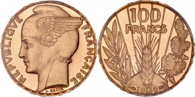 FRANCE
III° République (1870-1940). 100 francs or Bazor 1936, frappe sur flan b...