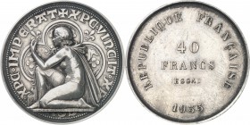 FRANCE
III° République (1870-1940). 40 francs 1935, épreuve de Bazor en argent.
Av. Allégorie de la gravure un genou à terre regardant une monnaie. ...