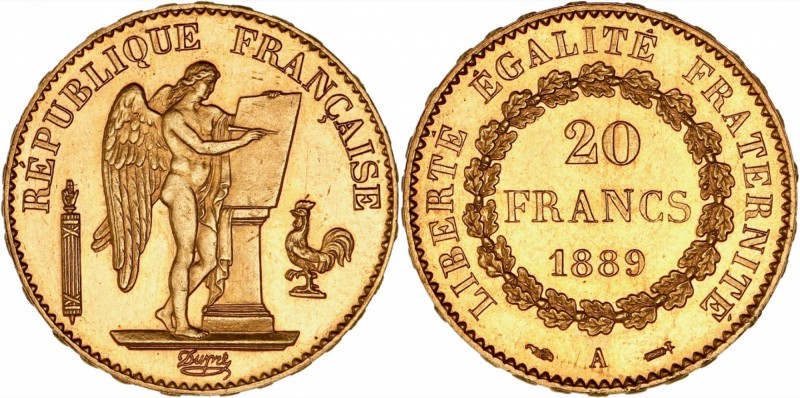 FRANCE
III° République (1870-1940). 20 francs 1889, Paris, frappe sur flan brun...