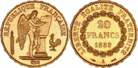 FRANCE
III° République (1870-1940). 20 francs 1889, Paris, frappe sur flan bruni.
Av. Le Génie gravant le mot constitution sur une table. Rv. Valeur...