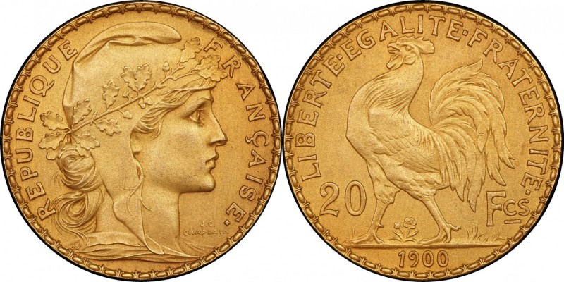FRANCE
III° République (1870-1940). 20 francs or 1900, Paris, flan mat.
Av. Tê...