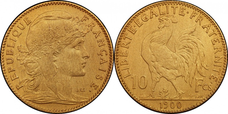 FRANCE
III° République (1870-1940). 10 francs or 1900, Paris, flan mat.
Av. Tê...
