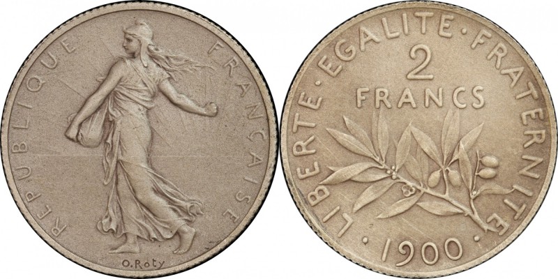 FRANCE
III° République (1870-1940). 2 francs 1900, flan mat.
Av. La semeuse à ...