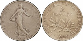 FRANCE
III° République (1870-1940). 2 francs 1900, flan mat.
Av. La semeuse à gauche. Rv. Branche d’olivier, au-dessus la valeur.
GEM. 273.3.
PCGS...