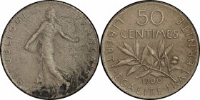 FRANCE
III° République (1870-1940). 50 centimes 1900, flan mat. 
Av. La semeuse à gauche. Rv. Branche d’olivier, au-dessus la valeur.
GEM. 273.3.
...