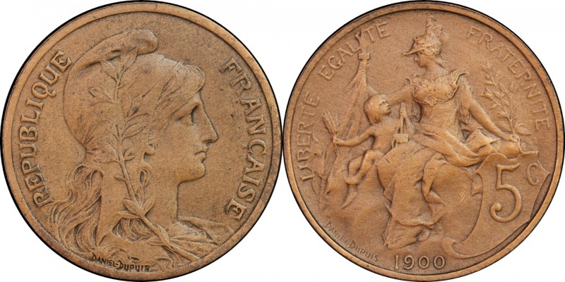 FRANCE
III° République (1870-1940). 5 centimes Dupuis 1900, flan mat.
Av. Bust...