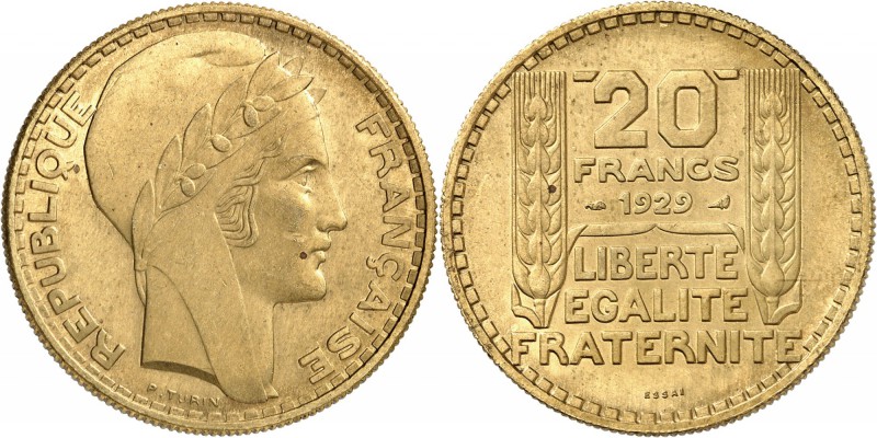 FRANCE
III° République (1870-1940). 20 francs 1929, essai en bronze-aluminium....