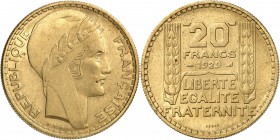 FRANCE
III° République (1870-1940). 20 francs 1929, essai en bronze-aluminium.
Av. Tête laurée à droite Rv. Valeur entre deux épis de blé.
GEM.199....