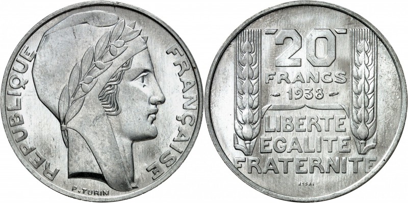 FRANCE
III° République (1870-1940). 20 francs 1938, essai en aluminium, tranche...