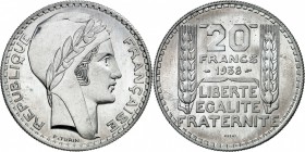 FRANCE
III° République (1870-1940). 20 francs 1938, essai en aluminium, tranche striée.
Av. Tête laurée à droite Rv. Valeur entre deux épis de blé....