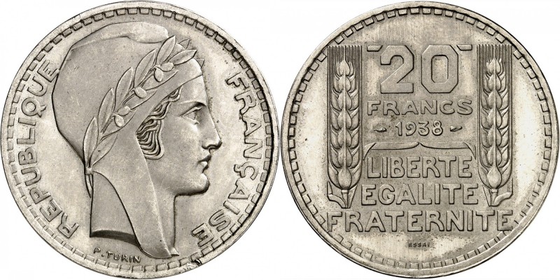 FRANCE
III° République (1870-1940). 20 francs 1938, essai en nickel, tranche in...