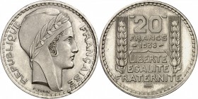 FRANCE
III° République (1870-1940). 20 francs 1938, essai en nickel, tranche inscrite « liberté-1-égalité-9-fraternité-38 ».
Av. Tête laurée à droit...