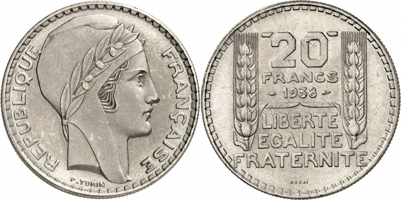 FRANCE
III° République (1870-1940). 20 francs 1938, essai en nickel, tranche st...