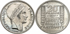 FRANCE
III° République (1870-1940). 20 francs 1939, épreuve en cupro-nickel.
Av. Tête laurée à droite Rv. Valeur entre deux épis de blé.
GEM.200.13...