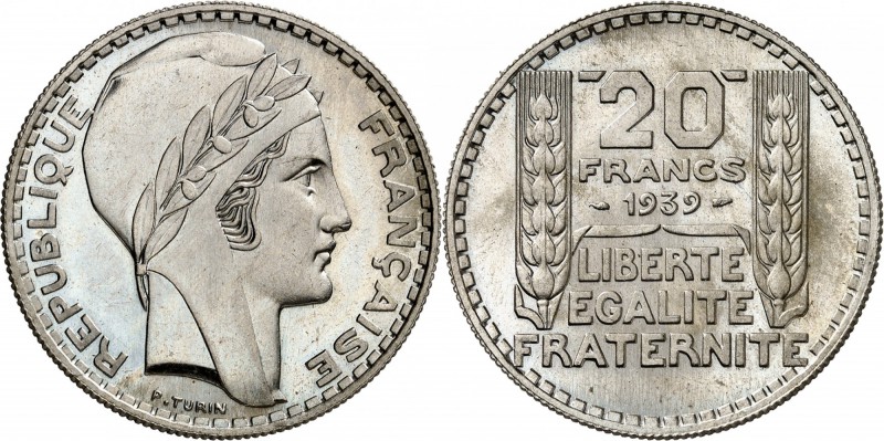 FRANCE
III° République (1870-1940). 20 francs 1939, épreuve en cupro-nickel.
A...