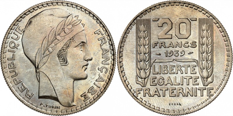 FRANCE
III° République (1870-1940). 20 francs 1939, essai en cupro-nickel.
Av....