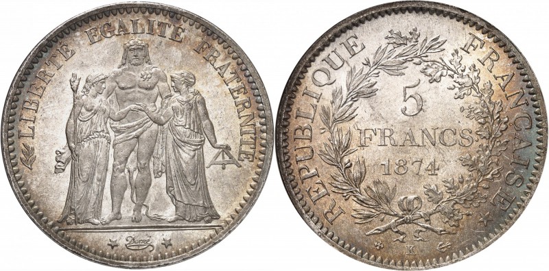 FRANCE
III° République (1870-1940). 5 francs 1874, Bordeaux.
Av. Hercule, la L...