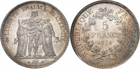 FRANCE
III° République (1870-1940). 5 francs 1874, Bordeaux.
Av. Hercule, la Liberté et l’Egalite debout. Rv. Valeur dans une couronne. 
G. 745a. 2...