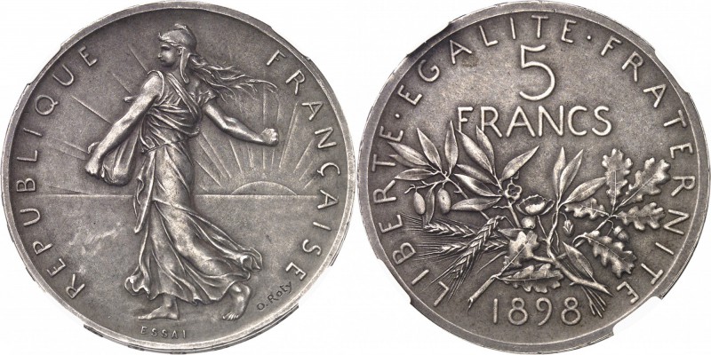 FRANCE
III° République (1870-1940). 5 francs 1898, essai par Roty.
Av. Semeuse...