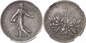 FRANCE
III° République (1870-1940). 5 francs 1898, essai par Roty.
Av. Semeuse à gauche. Rv. Valeur.
Maz. 2122.
NGC PR 63 MATTE. Très belle et rar...