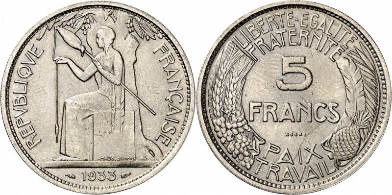 FRANCE
III° République (1870-1940). 5 francs 1933, concours de Delannoy, nickel...
