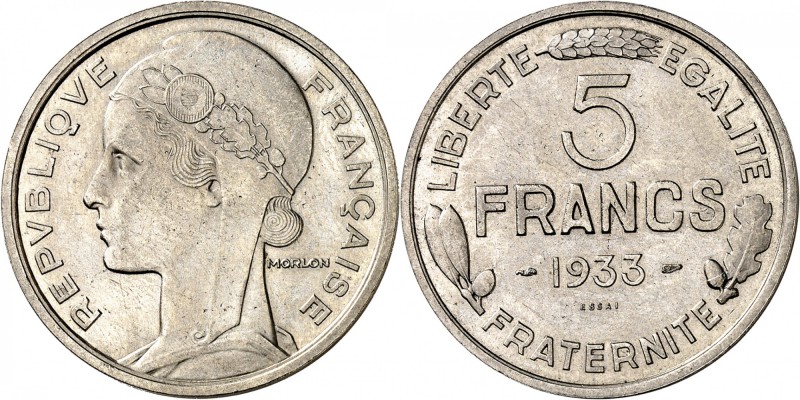 FRANCE
III° République (1870-1940). 5 francs 1933, concours de Morlon, nickel....