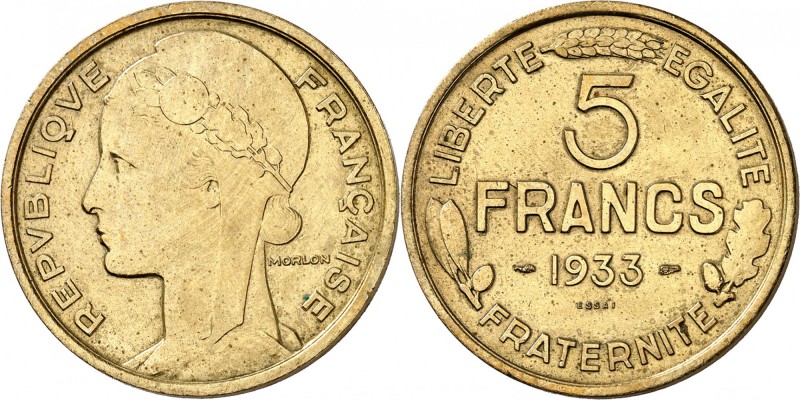 FRANCE
III° République (1870-1940). 5 francs 1933, concours de Morlon, bronze-a...