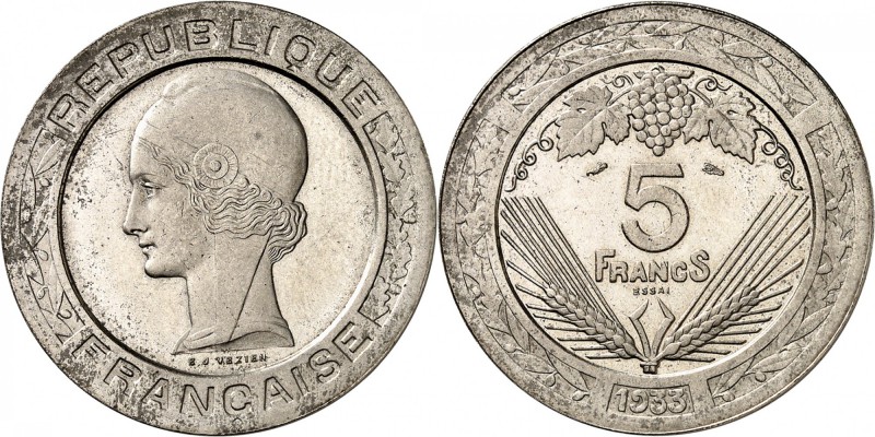 FRANCE
III° République (1870-1940). 5 francs 1933, concours de Vezien, nickel....