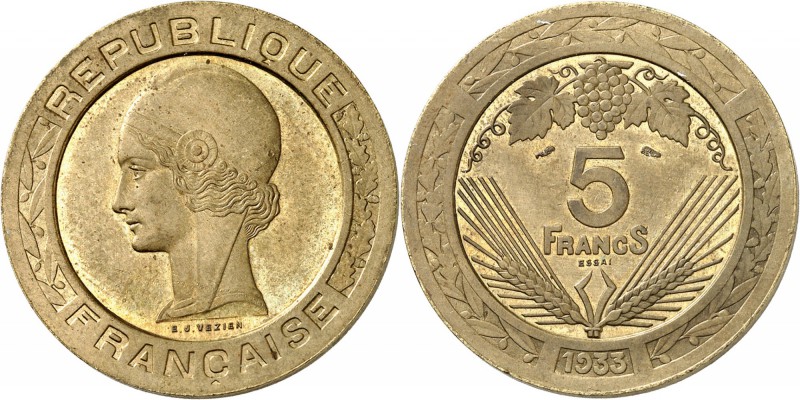 FRANCE
III° République (1870-1940). 5 francs 1933, concours de Vezien, bronze....