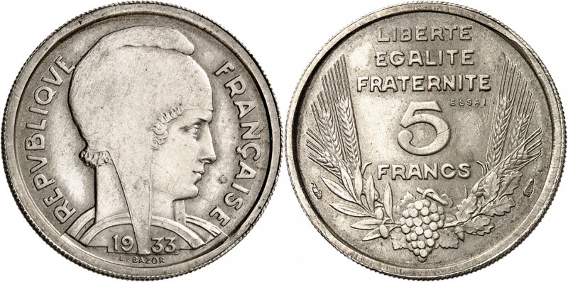 FRANCE
III° République (1870-1940). 5 francs Bazor 1933, essai en nickel, tranc...