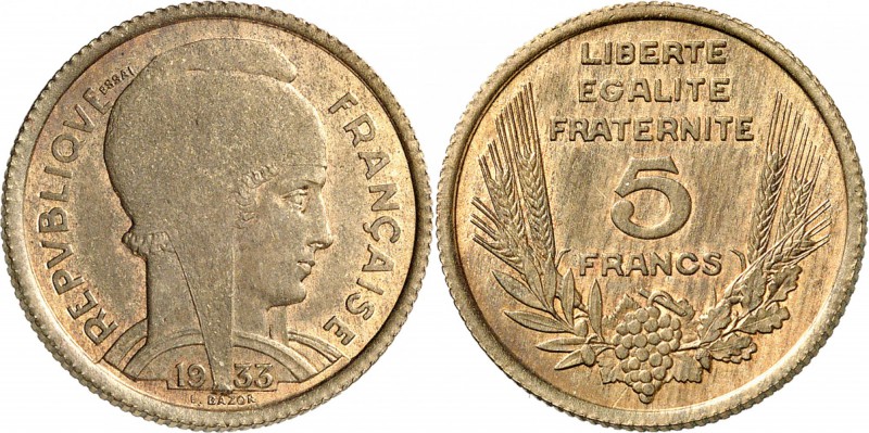 FRANCE
III° République (1870-1940). 5 francs Bazor 1933, essai en cupro-alumini...