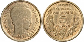 FRANCE
III° République (1870-1940). 5 francs Bazor 1933, essai en cupro-aluminium.
Av. Tête de Marianne à droite coiffée d’un bonnet phrygien. Rv. V...