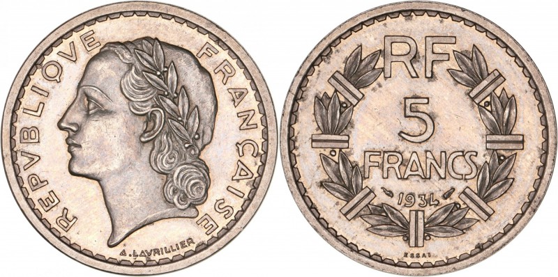 FRANCE
III° République (1870-1940). 5 francs 1934, essai en nickel.
Av. Tête l...