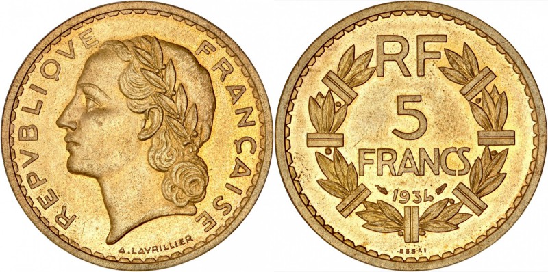 FRANCE
III° République (1870-1940). 5 francs 1934, essai en bronze-alu.
Av. Tê...