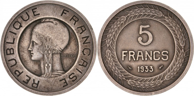 FRANCE
III° République (1870-1940). 5 francs 1933, concours de Cochet, essai en...