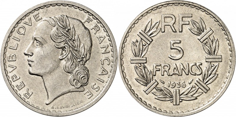 FRANCE
III° République (1870-1940). 5 francs 1936.
Av. Tête laurée à gauche. R...