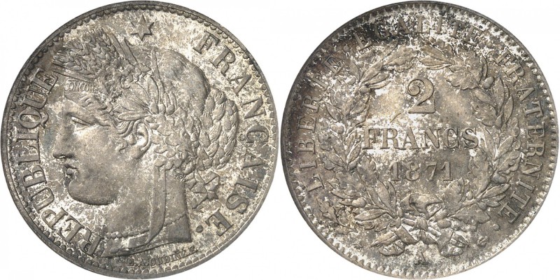 FRANCE
III° République (1870-1940). 2 francs 1871, Paris.
Av. Tête de Cérès à ...