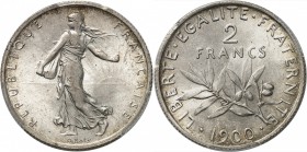 FRANCE
III° République (1870-1940). 2 francs 1900.
Av. La semeuse à gauche. Rv. Branche d’olivier, au-dessus la valeur.
G. 532.
PCGS MS 64. Superb...
