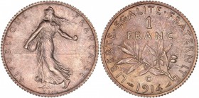 FRANCE
III° République (1870-1940). Franc 1914, Castelsarrasin.
Av. La semeuse à gauche. Rv. Branche d’olivier, au-dessus la valeur.
G. 467.
Fleur...