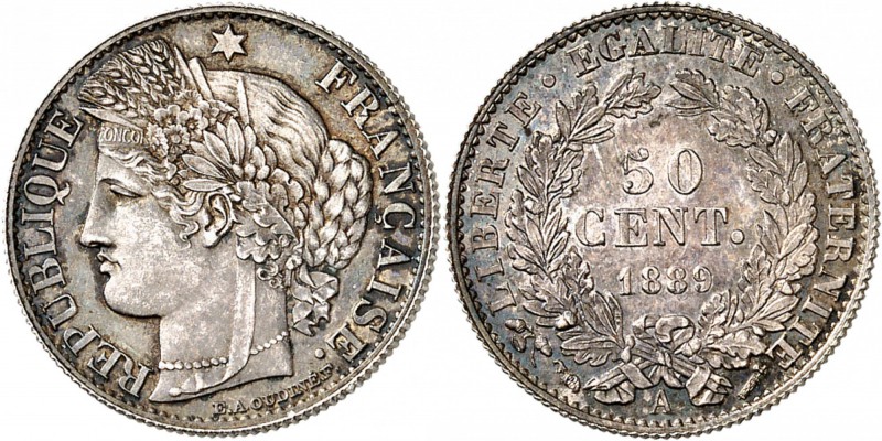 FRANCE
III° République (1870-1940). 50 centimes 1889, Paris, frappe sur flan br...