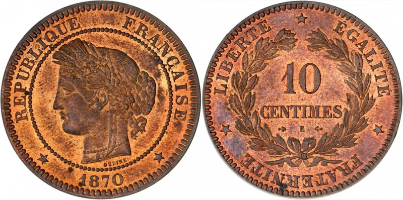 FRANCE
III° République (1870-1940). 10 centimes 1870 E, essai en bronze.
Av. T...