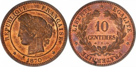 FRANCE
III° République (1870-1940). 10 centimes 1870 E, essai en bronze.
Av. Tête de Cérès à gauche. Rv. Valeur dans une couronne.
G. 265. 
Très r...