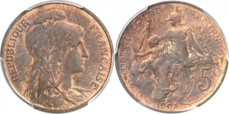FRANCE
III° République (1870-1940). 5 centimes Dupuis 1908, essai en bronze.
A...