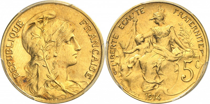 FRANCE
III° République (1870-1940). 5 centimes Dupuis 1914, épreuve en or.
Av....