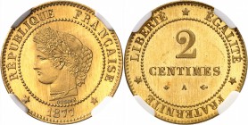 FRANCE
III° République (1870-1940). 2 centimes 1877 A, Paris, épreuve en or. 
Av. Tête de Cérès à gauche Rv. Valeur au centre.
Maz. 2214A. 
Proven...