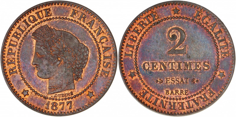 FRANCE
III° République (1870-1940). 2 centimes 1877, essai en bronze.
Av. Tête...